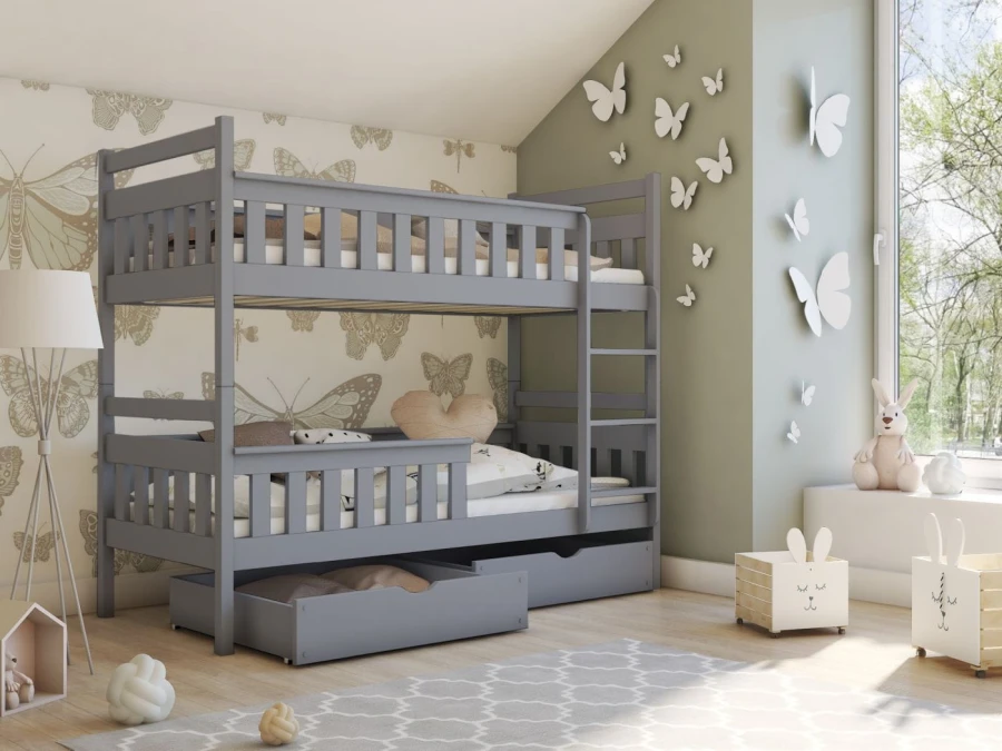 Graues Doppelstockbett aus Holz im Kinderzimmer mit Schubladen und Deko.