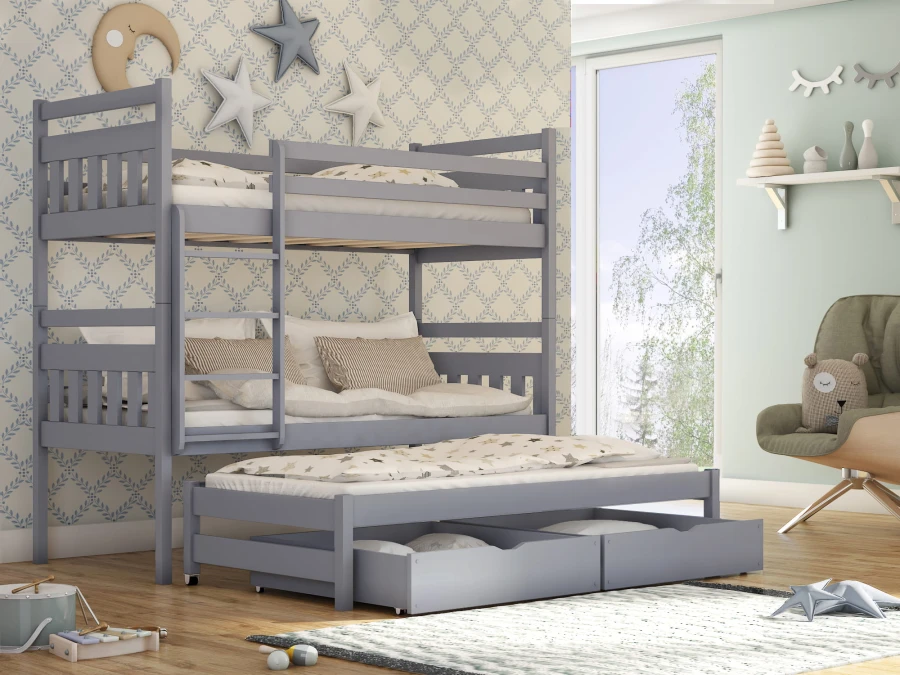 Graues Etagenbett für 3 Kinder mit Ausziehbett und Bettkästen im Sternenzimmer.