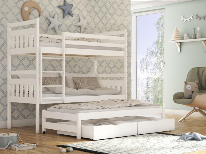 Weißes Triple-Etagenbett aus Kiefernholz mit Auszugsbett für das Kinderzimmer.