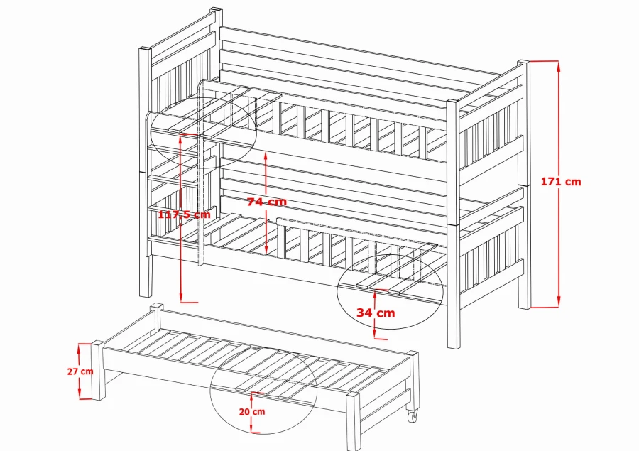 Technische Zeichnung eines Etagenbetts mit Maßen und ausziehbarem Gästebett.