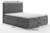 Graues Boxspringbett mit Maßen für Kopfteilhöhe, Breite und Liegefläche