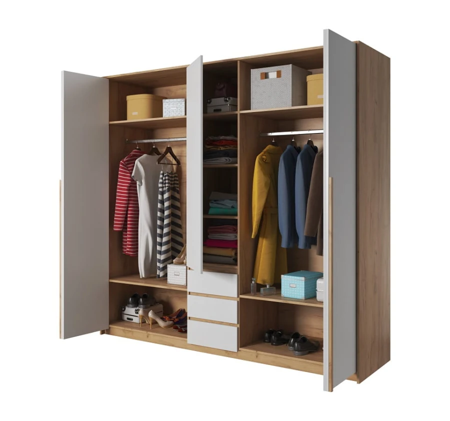 Open wardrobe in oak look with white doors and plenty of storage space.