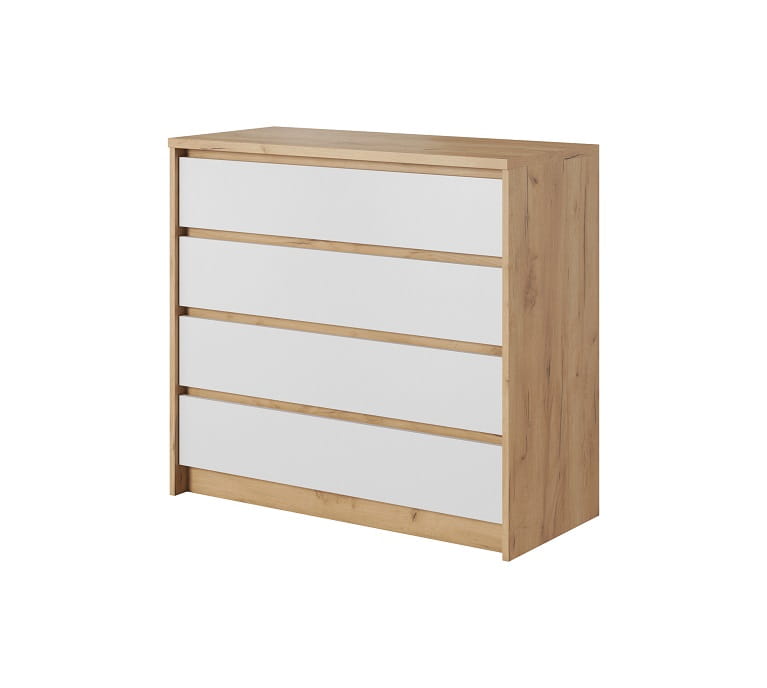 Elegante commode met vier witte lades in modern hout-design.