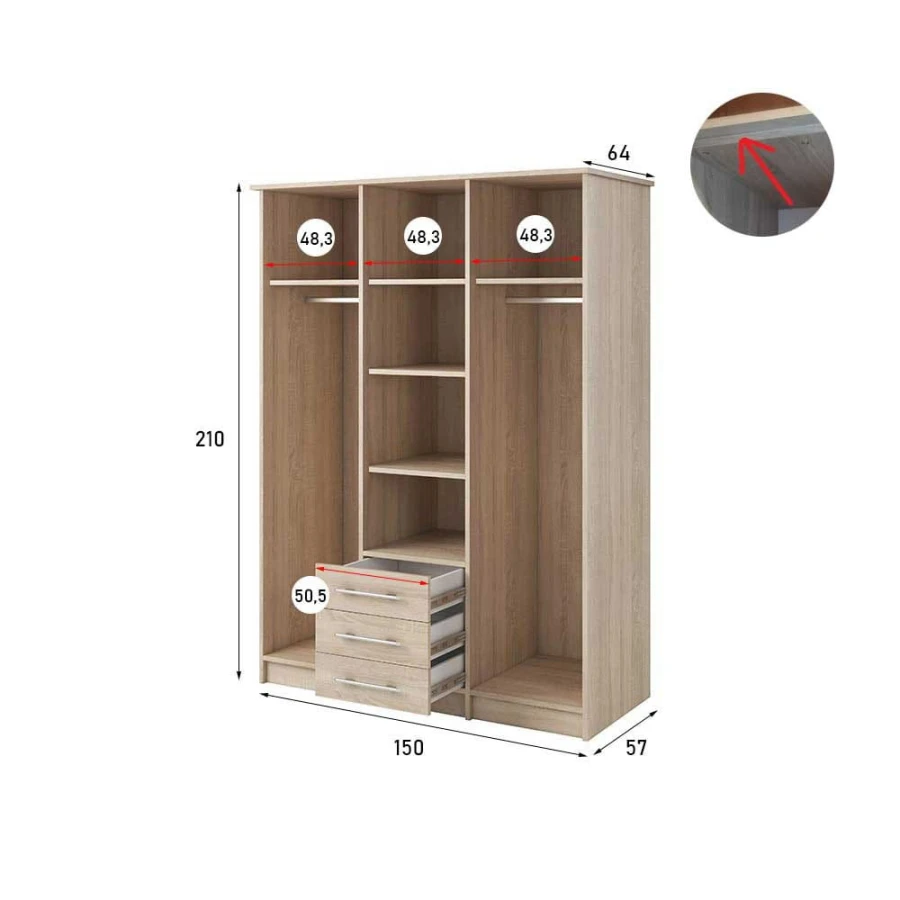 Maße Kleiderschrank Eiche-Optik: 210x150x64 cm, Innenaufteilung mit Kleiderstangen und Schubladen.