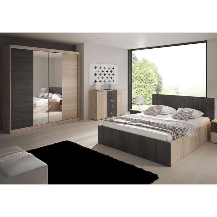 Komplettes Schlafzimmerset mit großem Kleiderschrank, Doppelbett und Kommode in Eiche-Anthrazit-Optik.