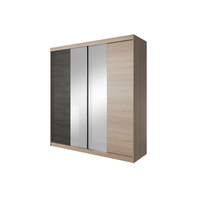 Großer Schwebetürenschrank mit Spiegelfront in Eiche-Dekor und Anthrazit für viel Stauraum.