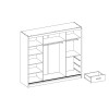 Technical drawing of the internal layout of a wardrobe with storage compartments and clothes rail.