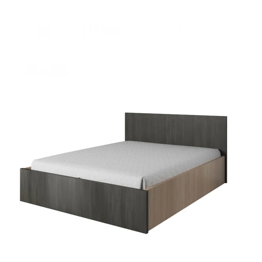 Modern bed frame with mattress, dark grey headboard and wood look on the sides.