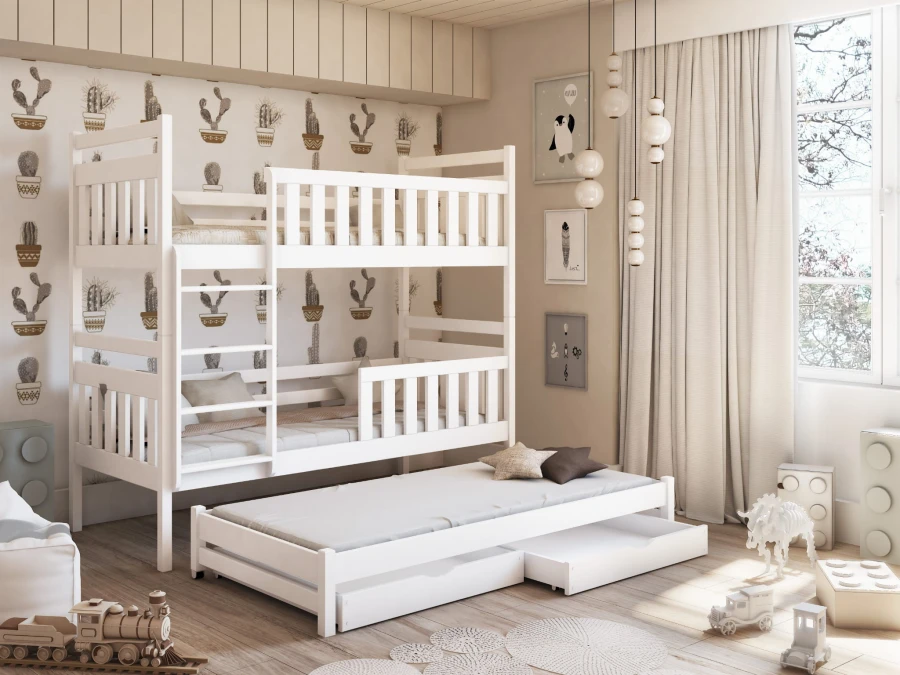 Weißes Etagenbett für Kinder mit drittem Ausziehbett und praktischen Bettschubladen im Kinderzimmer.