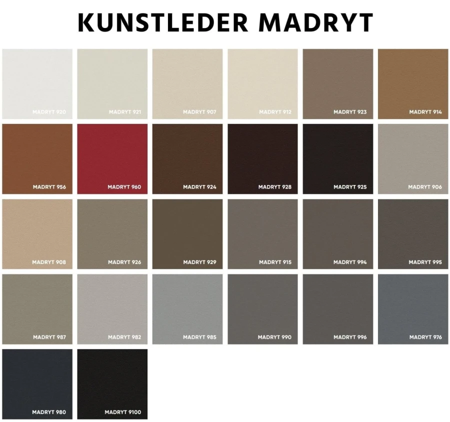 Umfangreiche Farbpalette für Kunstleder Madryt mit verschiedenen Braun-, Grau- und Schwarztönen.