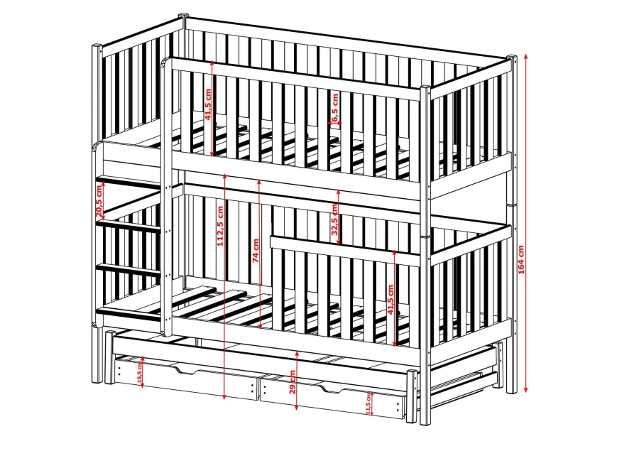 Technical sketch of a bunk bed with precise measurements for height and width in cm.