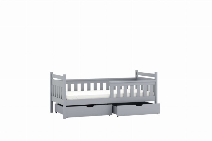 Graues Einzelbett für Kinder mit Rausfallschutz und Bettkasten auf weißem Hintergrund.