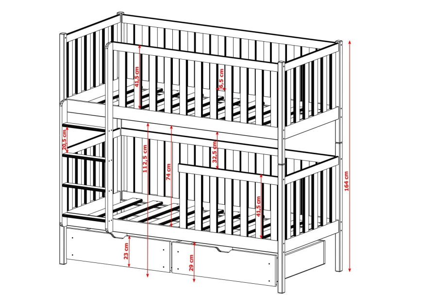 Technische schets met afmetingen voor een houten stapelbed inclusief afmetingen van de bedlade.