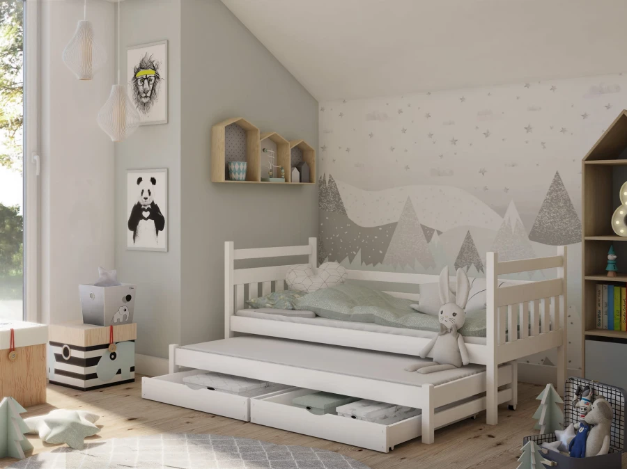 Weißes Funktionsbett mit Ausziehfunktion und Schubladen für das Kinderzimmer.