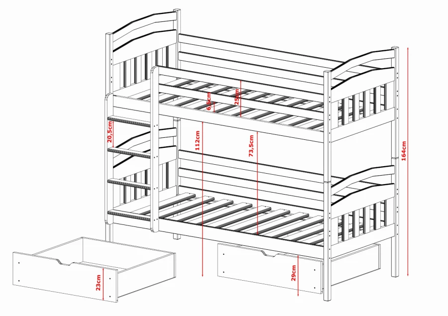 Technical drawing of a children's bunk bed with precise centimetre measurements.