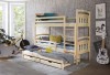 Etagenbett aus Kiefernholz mit drittem Ausziehbett und zwei Schubladen im Kinderzimmer.