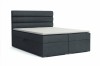 Graues Boxspringbett freigestellt auf weißem Hintergrund mit gestepptem Kopfteil.