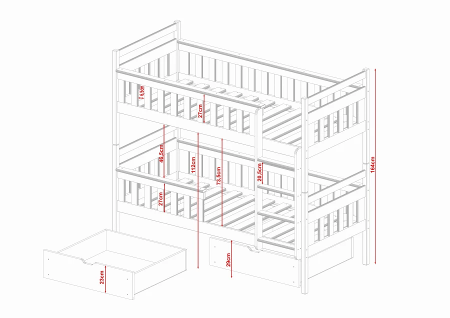 Technical drawing with precise dimensions for the white children's bunk bed and the pull-out compartments.