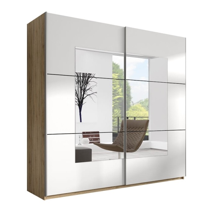 Moderner Kleiderschrank in Weiß und Eiche mit großen Spiegelflächen und Schiebetüren.