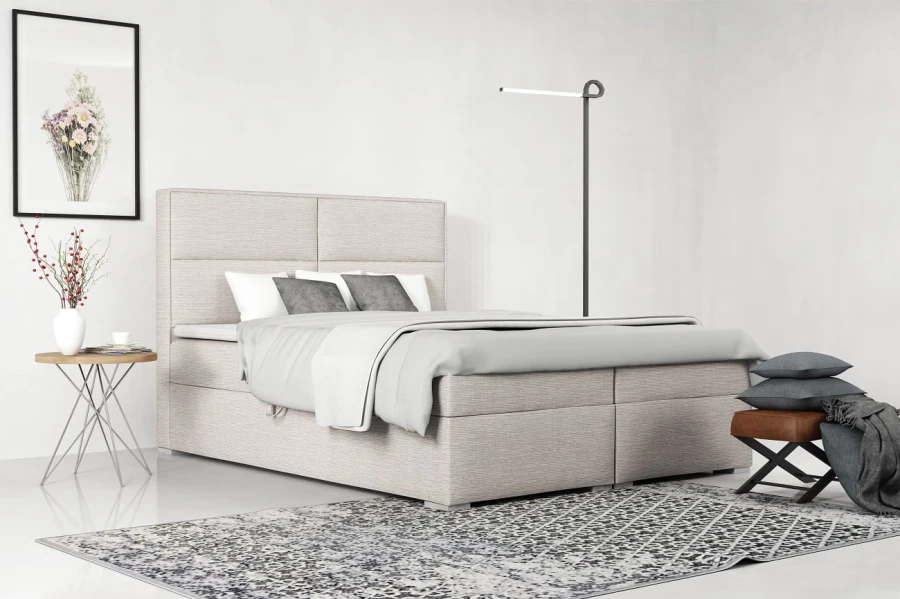 Modernes Boxspringbett in Hellgrau-Beige mit minimalistischem Kopfteil-Design