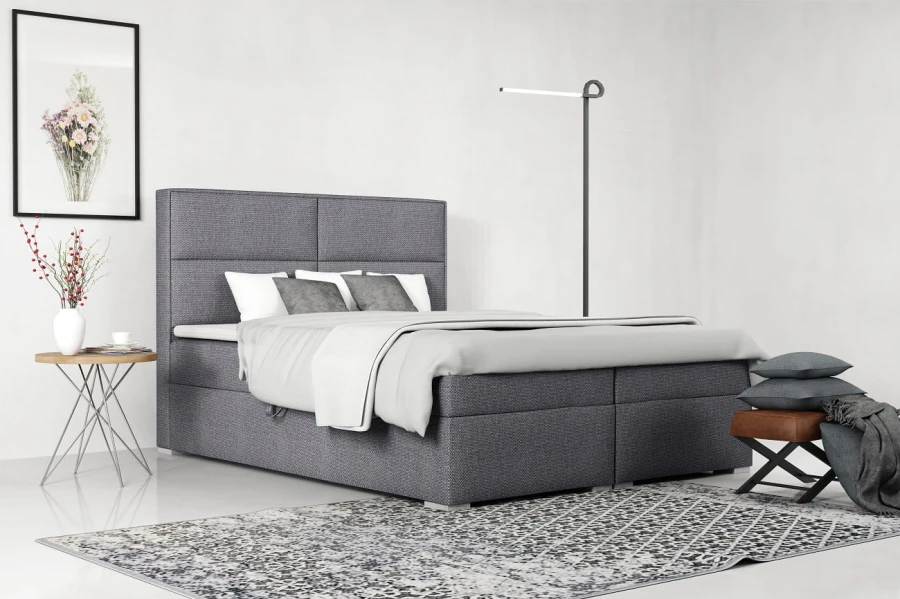 Modernes graues Boxspringbett mit hohem Kopfteil im Schlafzimmer Ambiente
