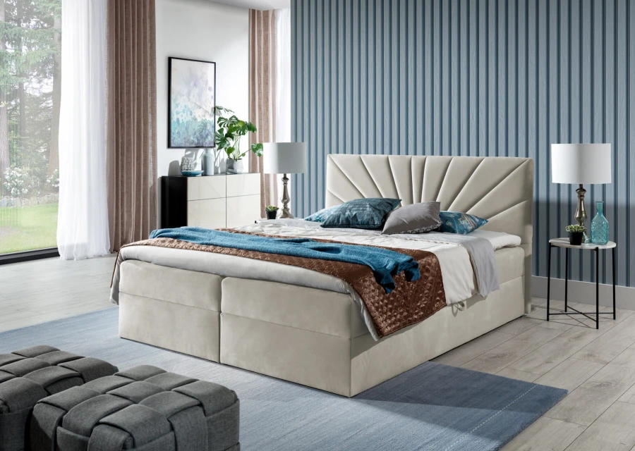 Elegantes Boxspringbett in Beige mit dekorativem Fächer-Kopfteil für ein gemütliches Schlafzimmer.