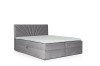 Graues Boxspringbett mit markantem fächerförmigem Kopfteil und weißem Topper auf weißem Hintergrund.