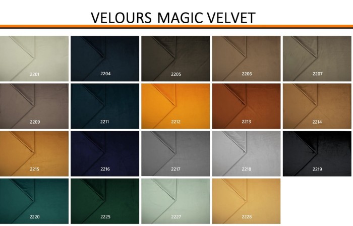 Farbtabelle für Velours Magic Velvet Stoffe in verschiedenen Nuancen für Polstermöbel.