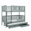 Graues Etagenbett aus Holz mit Ausziehbett und praktischen Schubladen.
