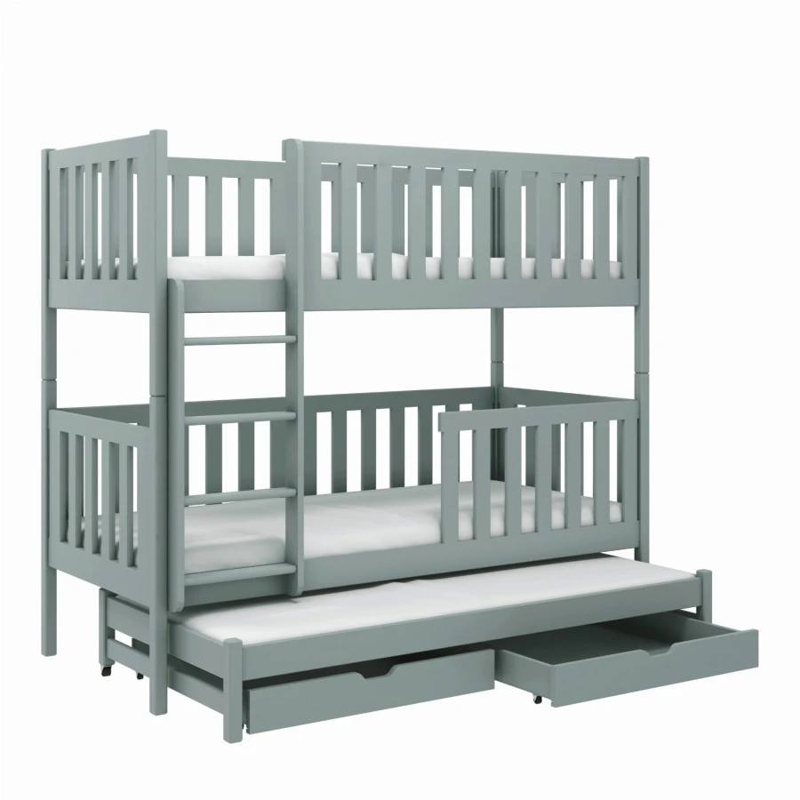 Grey wooden bunk bed with pull-out bed and practical drawers.