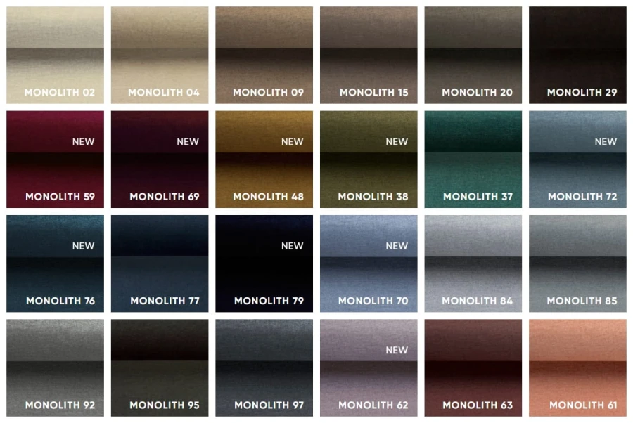 Monolith Stoffmuster Übersicht mit verschiedenen Farben für Polstermöbel.