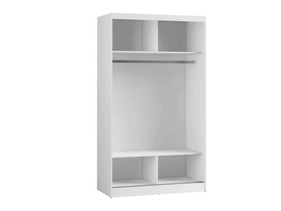 Innenansicht weißer Kleiderschrank mit Kleiderstange, zwei oberen und zwei unteren Ablagefächern.