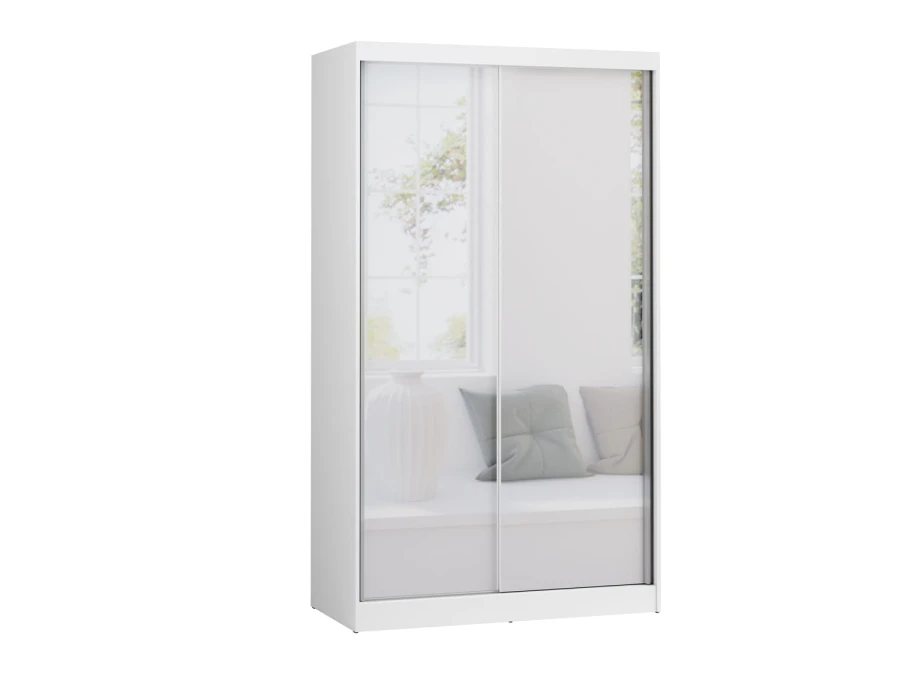 Freigestellter weißer Schwebetürenschrank mit zwei Spiegeltüren auf weißem Hintergrund.