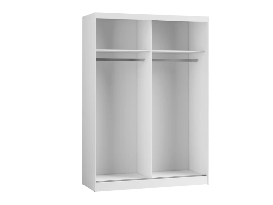 Offener weißer Kleiderschrank mit zwei Abteilen, Kleiderstangen und Einlegeböden.