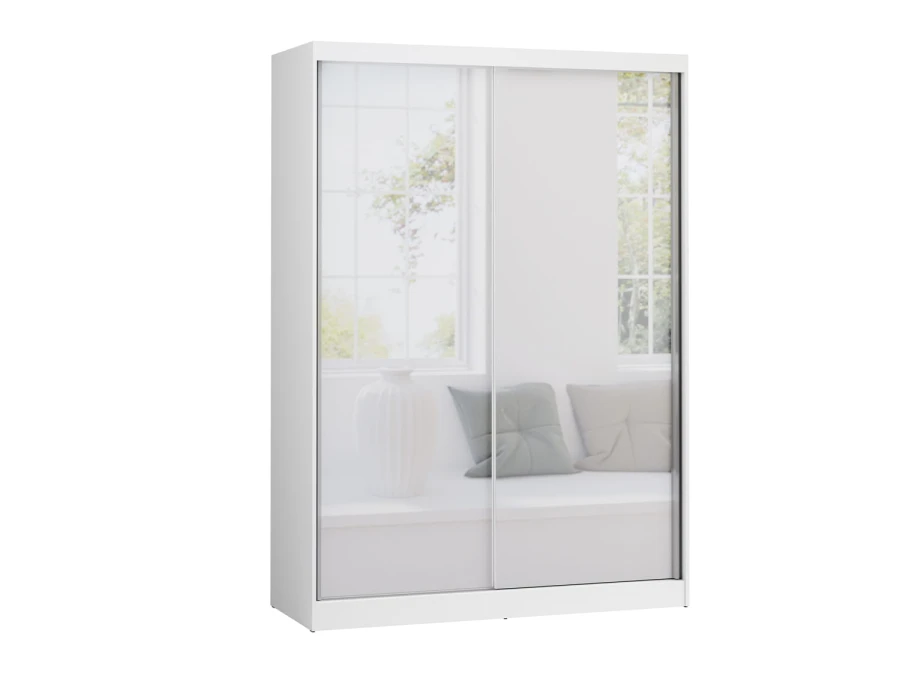 Weißer Schwebetürenschrank mit Ganzkörperspiegel für moderne Schlafzimmer.