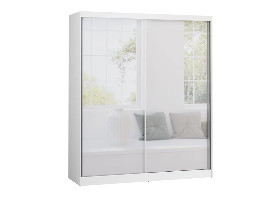 Moderner weißer Schlafzimmerschrank mit großflächiger Spiegelfront.