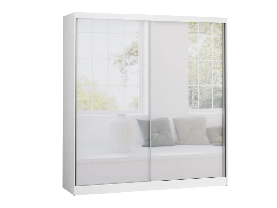 Weißer Kleiderschrank mit großen Spiegeltüren und modernem Design für das Schlafzimmer.