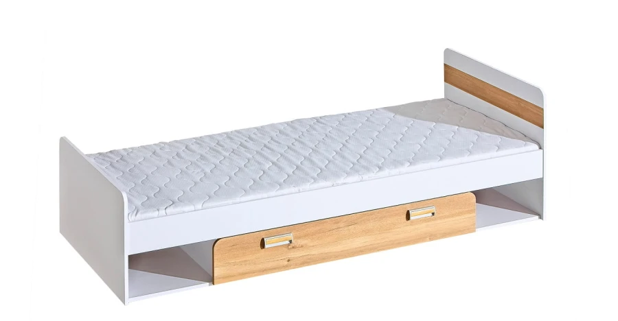 Modernes Jugendbett in Weiß mit großer Bettschublade in Eiche-Optik.