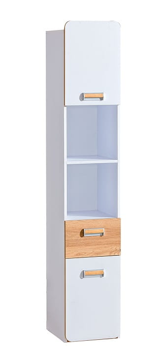 Schmaler Hochschrank in Weiß und Eiche mit Regalfächern und Türen für das moderne Jugendzimmer.