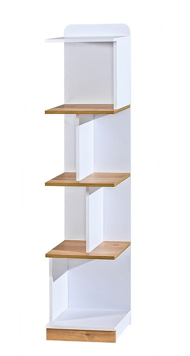 Schmales weißes Regal mit versetzten Böden in Eiche-Optik für moderne Einrichtungen.