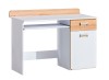 Weißer Schreibtisch mit Tastaturablage und Stauraum in Eiche-Nachbildung.