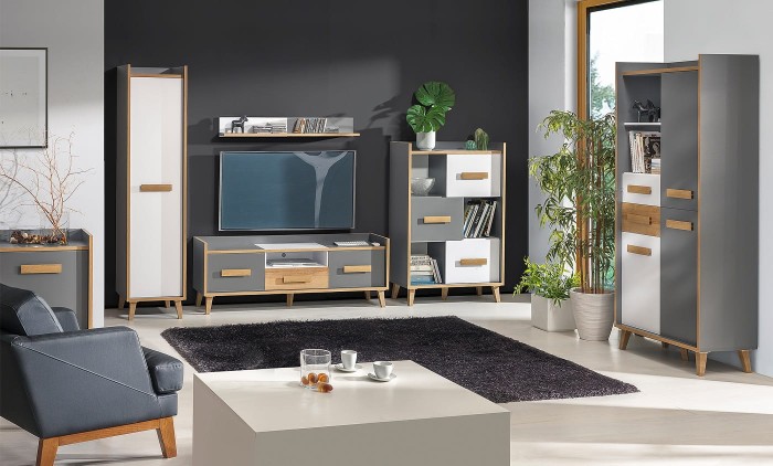 Modernes Wohnzimmer-Set mit TV-Wand, Sideboard und Schrank in Grau-Weiß-Eiche.