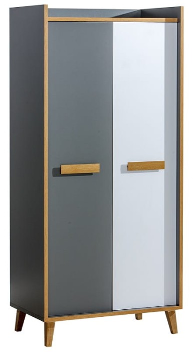 Zweitüriger Kleiderschrank in Grau und Weiß mit Eichenholz-Details und schrägen Füßen.