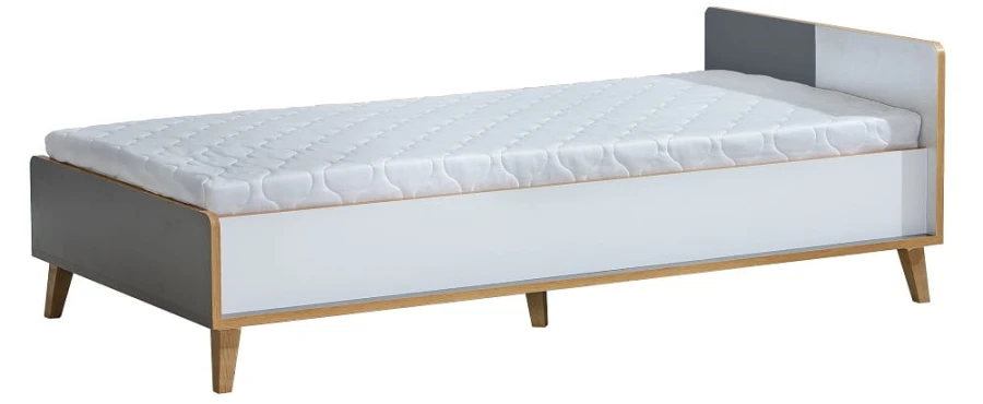 Einzelbett im skandinavischen Design mit weißem Rahmen, grauen Akzenten und Matratze auf Holzfüßen.
