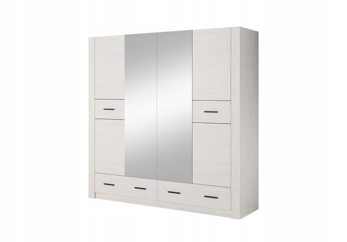 Großer 4-türiger Kleiderschrank in Weiß-Kiefer mit zwei zentralen Spiegeltüren und Schubladen.
