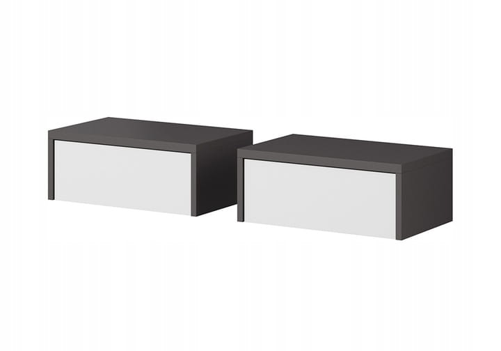 Two floating bedside tables in grey and white, modern design.
