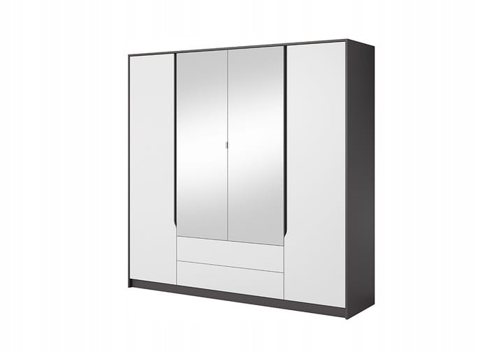 Weißer Kleiderschrank mit zwei Spiegeltüren und praktischen Schubladen.