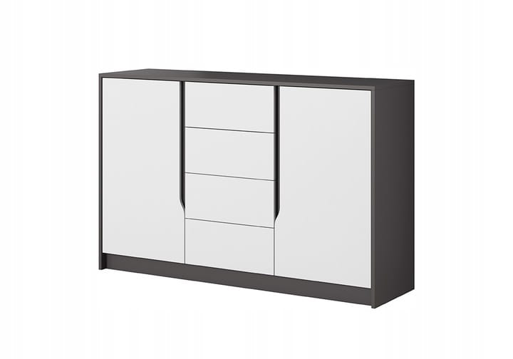 Elegant chest of drawers in grey and white with four drawers and two doors for additional storage space in the living room.