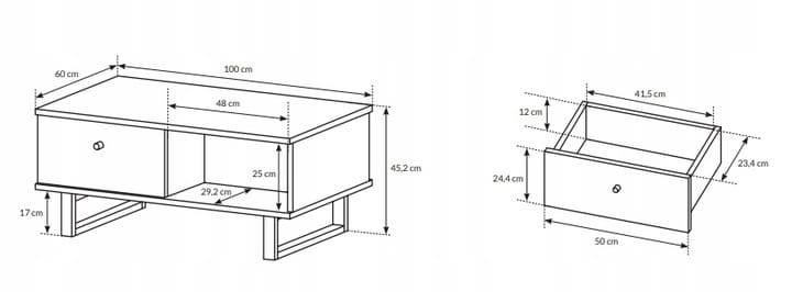 Maße Couchtisch grau: 100x60x45 cm technische Zeichnung mit Schubladen-Details.
