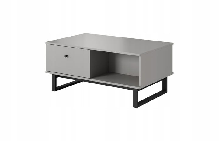 Moderner Couchtisch in Grau mit Schublade, offenem Fach und schwarzen Metallfüßen.